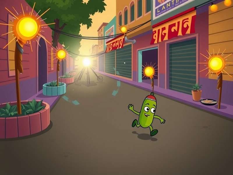Achaar Adventure Run gameplay screenshot showing a pickle character running through an Indian street